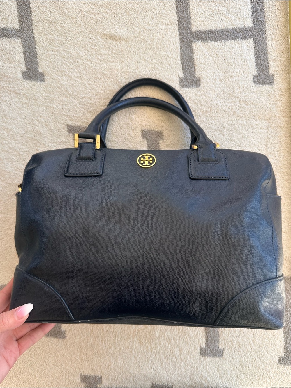 Tory Burch Black Leather Top-Handle Briefcase with Gold Emblem